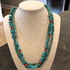 Genuine turquoise, red coral and silver necklace.